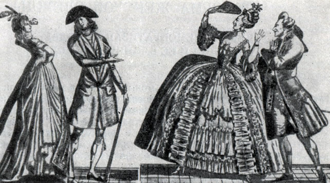 Ил. 1. Первая реформа женской одежды (после 1780 г.). Предшествующая реформе одежда рококо и более простая и естественная новая одежда ('L'Amour de l'Art', 1952, 1er trimestre.)