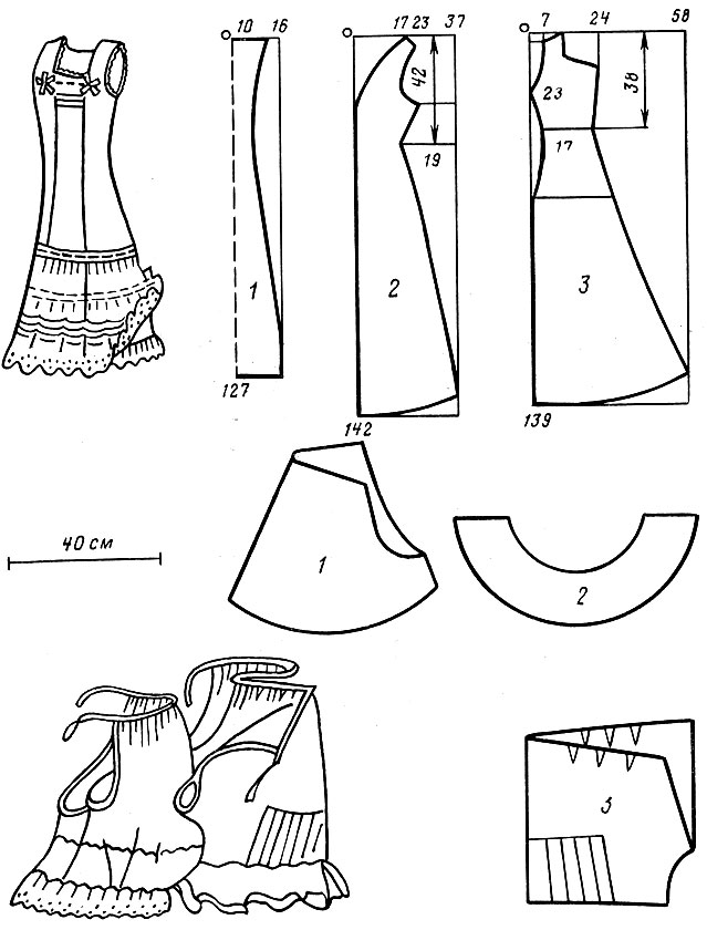 Реформированная нижняя юбка, соединенная с лифом, силуэт принцесс, отделана вышивкой, лентами и кружевом. Крой дан в половинном размере. Штриховой линией обозначен сгиб ткани: 1 - средняя часть переда; 2 - боковая часть переда; 3 - спинка. Панталоны к вечерним туалетам, состоящие из двух раздельных штанин, соединенных поясом. Крой дан в половинном размере. Масштаб приблизительный: 1 - штанина первой модели; 2 - оборка к первой модели; 3 - штанина второй модели