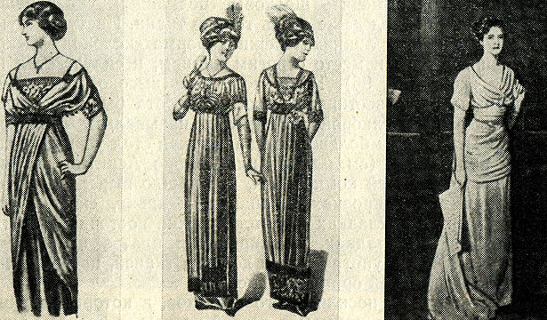 Ил. 87. Платья по мотивам моды стиля ампир: модели польские, французские, английские ('Dobra Gospodyni'; 'Galeries Lafayette', 1911; 'The Studio', 1912/1913)