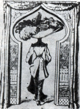 Ил. 99.	Карикатура на огромную шляпу тех лет, требующую новых форм проема дверей, 1909 г. ('Tygodnik Mod i Powiesci', 1909, nr 11)