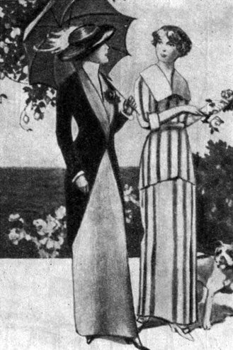 Ил. 113.	Костюм с жакетом 'овод', по мотивам мужской тужурки. Летний полосатый костюм, около 1911 г. (ASP)