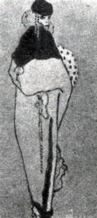 Ил. 117.	Зауженное книзу пальто с мешковатыми плечами, придающее силуэту овальную форму. Рис. Алистера, 1911 г. ('Die Kunst', 1911, s. 506)